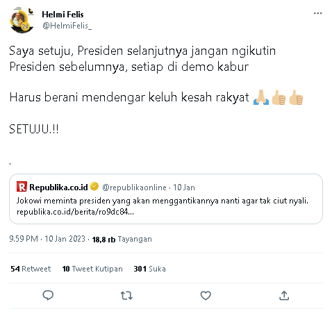 Jokowi Berharap Presiden Selanjutnya Tidak Ciut Nyali, Netizen: Setuju, Jangan Setiap Didemo Kabur 
