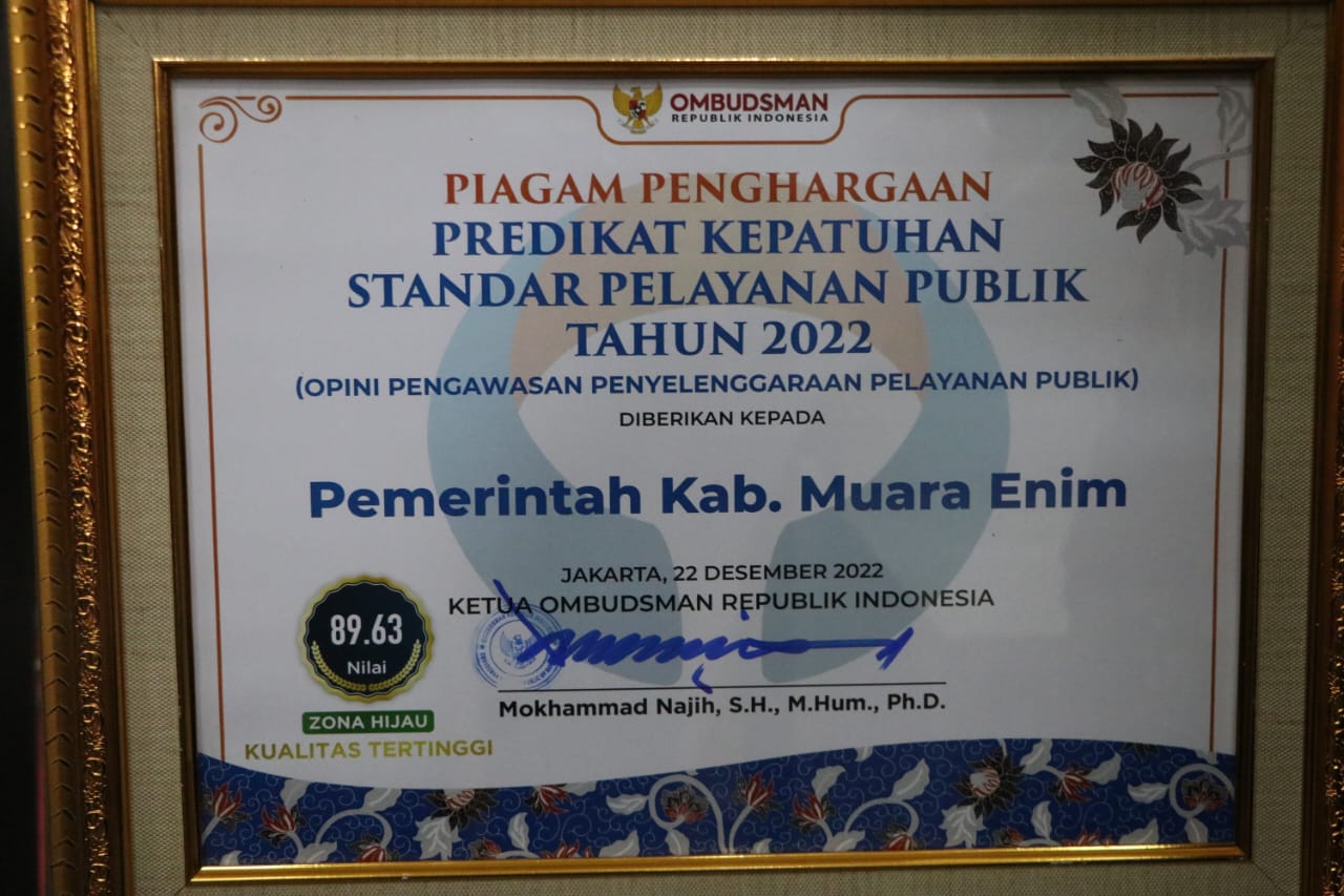 Muara Enim Raih Opini Kualitas Tertinggi Predikat Kepatuhan Standar Pelayanan Publik 2022