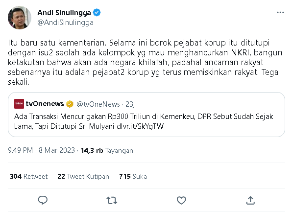 Transaksi Mencurigakan Rp300 T di Kemenkeu, Andi S: Selama Ini Borok Pejabat Korup Ditutupi Penggiringan Isu Khilafah 