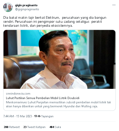 Mobil Listrik Disubsidi, Perusahaan Luhut Penyedia Komponen Kendaraan Listrik Disorot: Bakal Makin Tajir 