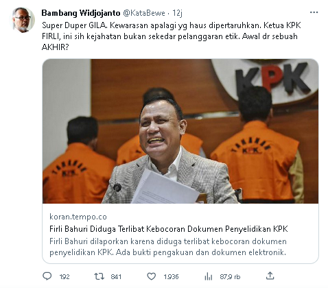  BW Sentil Ketua KPK Firli soal Dugaan Bocornya Dokumen Penyelidikan: Super Duper Gila! 