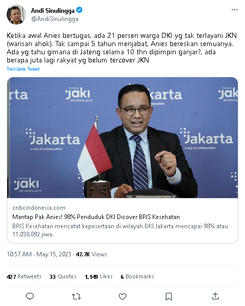 
98 Persen Warga DKI Jakarta Dicover BPJS Kesehatan, Loyalis Anies Baswedan  Pertanyakan Jateng 10 Tahun Dipimpin Ganjar Pranowo