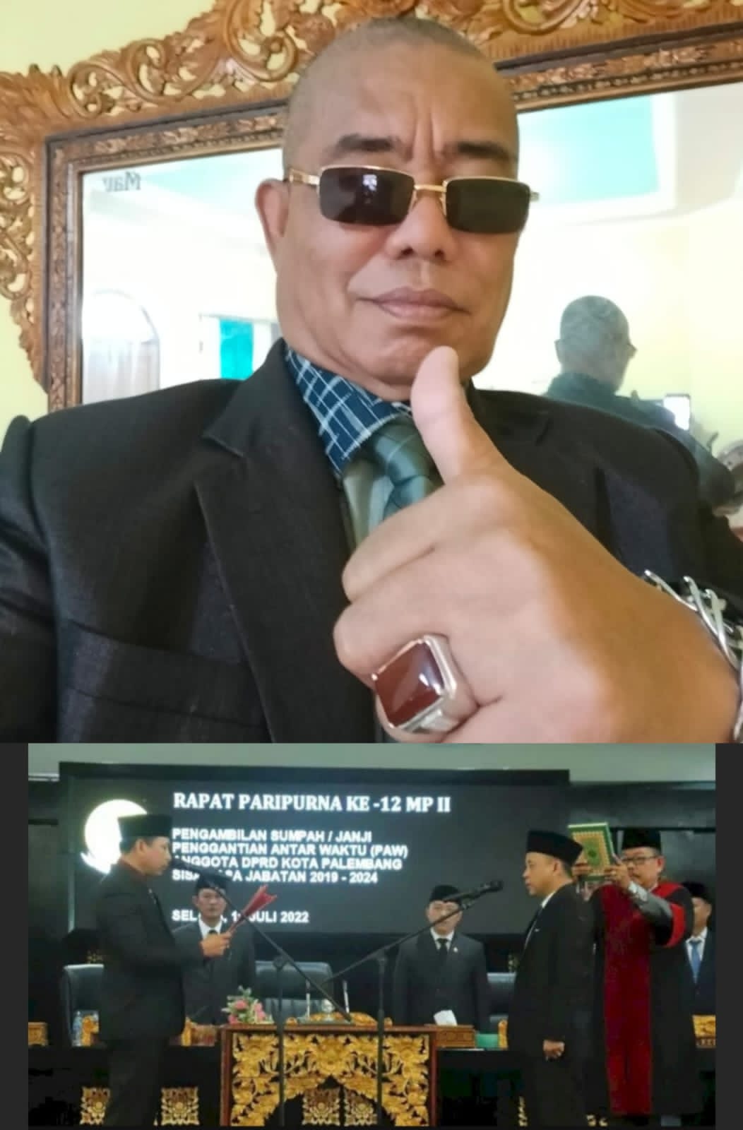 Advokat H Yusmaheri SH (atas) DPRD Kota Palembang, melantik Ahmad Sobri Fadilah sebagai PAW sisa jabatan 2019-2024 dari Fraksi PAN, dalam rapat paripurna istimewa, yang dilaksanakan, Selasa (19/7/2022).(fto.net.yn