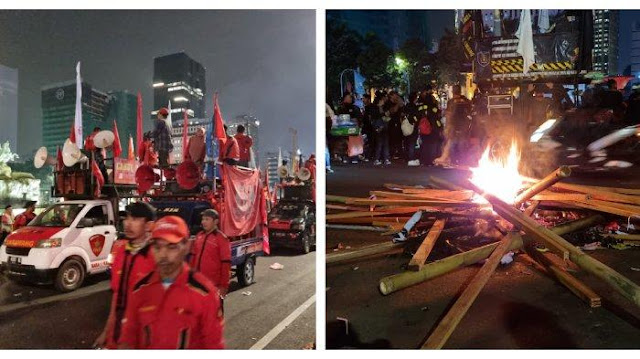 Bakar Sampah dan Teriakan Revolusi, Massa Aksi Buruh Masih Beringas di Patung Kuda