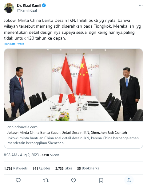  Presiden Jokowi Minta China Desain IKN, Rizal Ramli: Bukti Wilayah Itu Sudah Diserahkan
