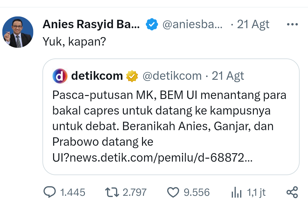 Anies Baswedan Ladeni Tantangan Debat Bacapres oleh BEM UI: Yuk, Kapan?