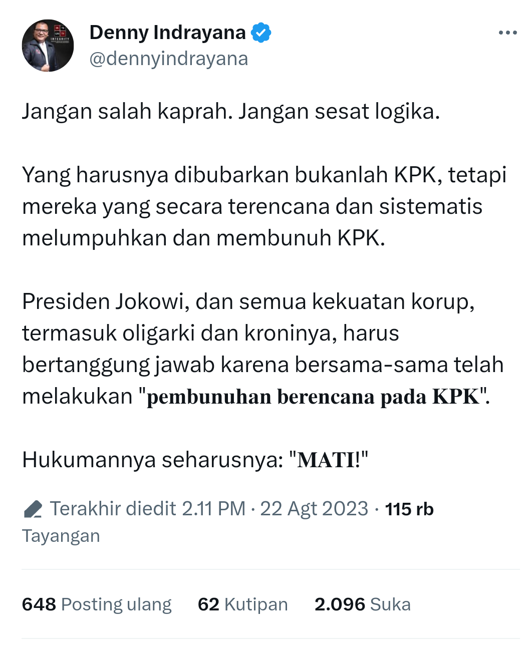 Denny Indrayana Tanggapi Megawati: Yang Harus Dibubarkan Bukan KPK, Tetapi Hukum Mati Jokowi Cs