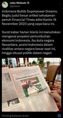 

Viral Jokowi Pamer Fotonya Ada di Koran Bahasa Inggris, Isi Artikel Malah Bahas Mahkamah Keluarga hingga Gibran 