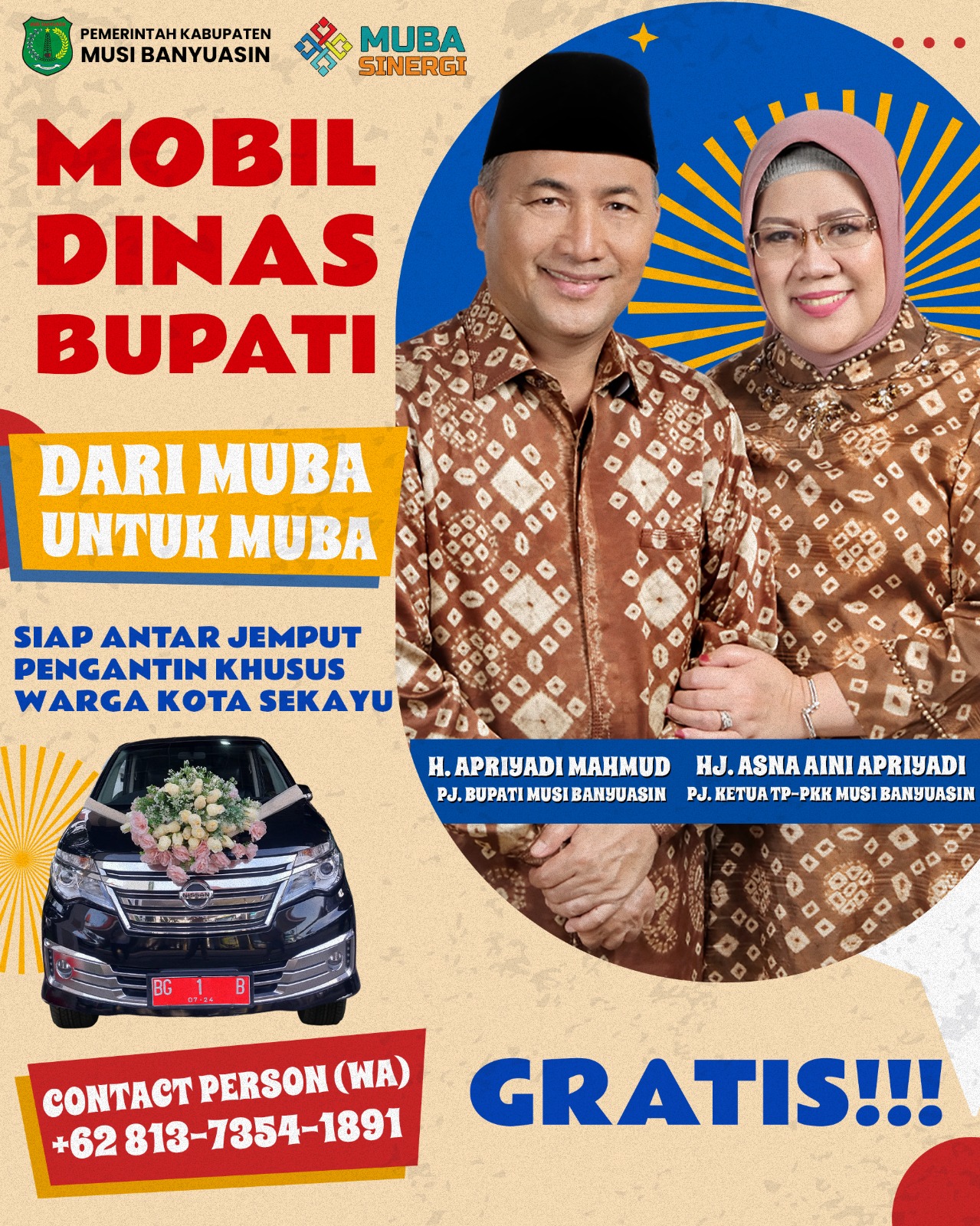 Pengantin di Sekayu Boleh Pakai Mobil Dinas Bupati, Sopir dan BBM Disediakan Gratis