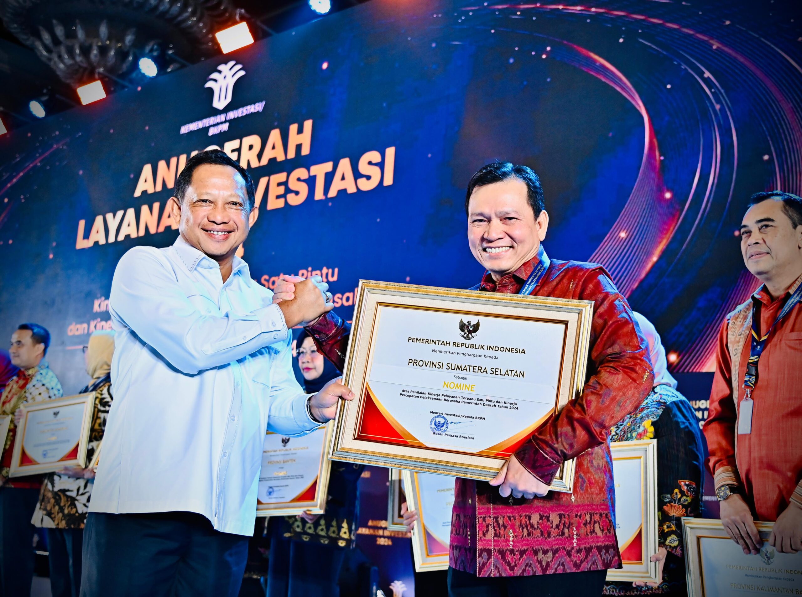 Pemprov  Sumsel Raih Predikat Terbaik Ketiga Nasional Anugerah Layanan Investasi 2024 