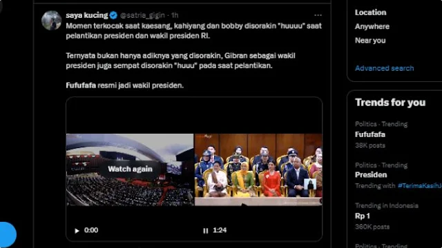 Fufufafa Trending Topik!, Warganet Soroti Keluarga Jokowi Disorakin saat Pelantikan Prabowo - Gibran