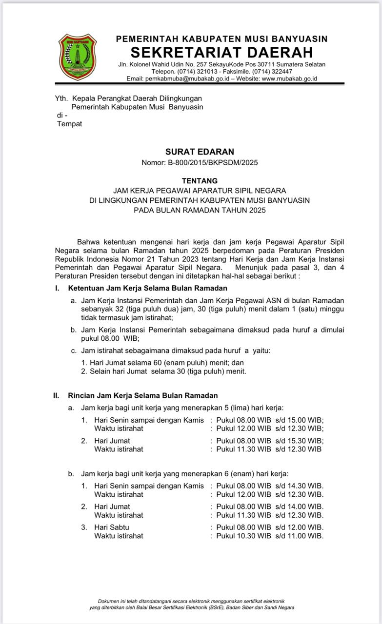 Pemkab Muba Tetapkan Ketentuan Jam Kerja ASN Selama Bulan Ramadhan Tahun 2025