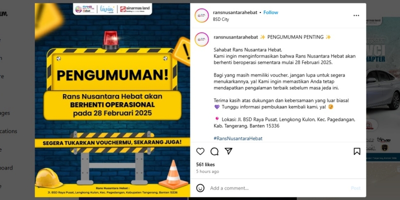 Rans Nusantara Hebat Milik Raffi Ahmad dan Kaesang Pangarep Tutup Mulai Akhir Februari 2025