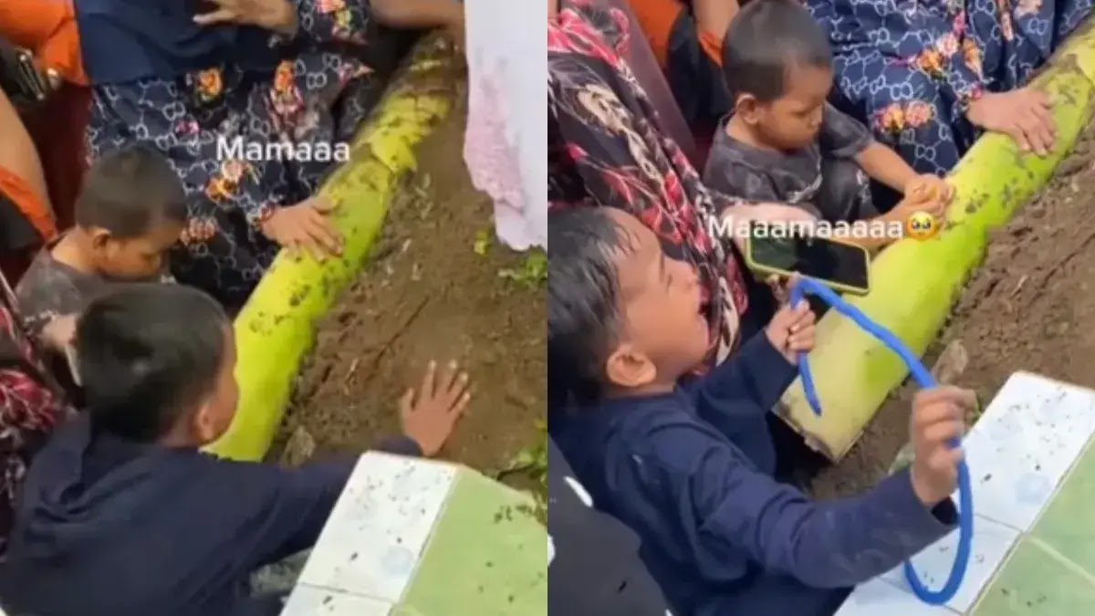 Video Momen Pilu Bocah saat Ibunya Dimakamkan: Mah Bangun, Kenapa Tidak Pakai Kasur?