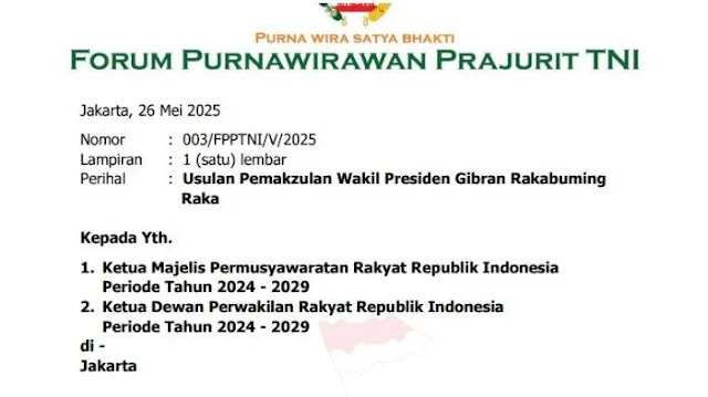 Forum Purnawirawan TNI sudah Surati DPR-MPR RI, Tuntut Pemakzulan Gibran Segera Diproses!