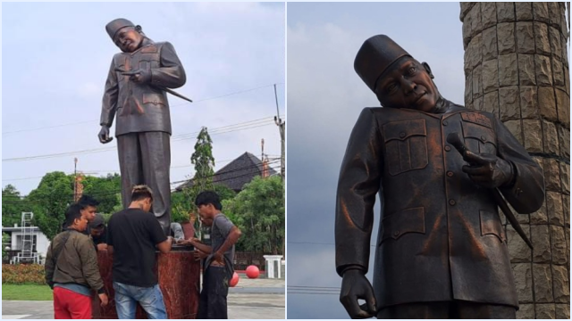 Viral! Patung Leher Presiden RI Soekarno Miring di Alun-alun Indramayu