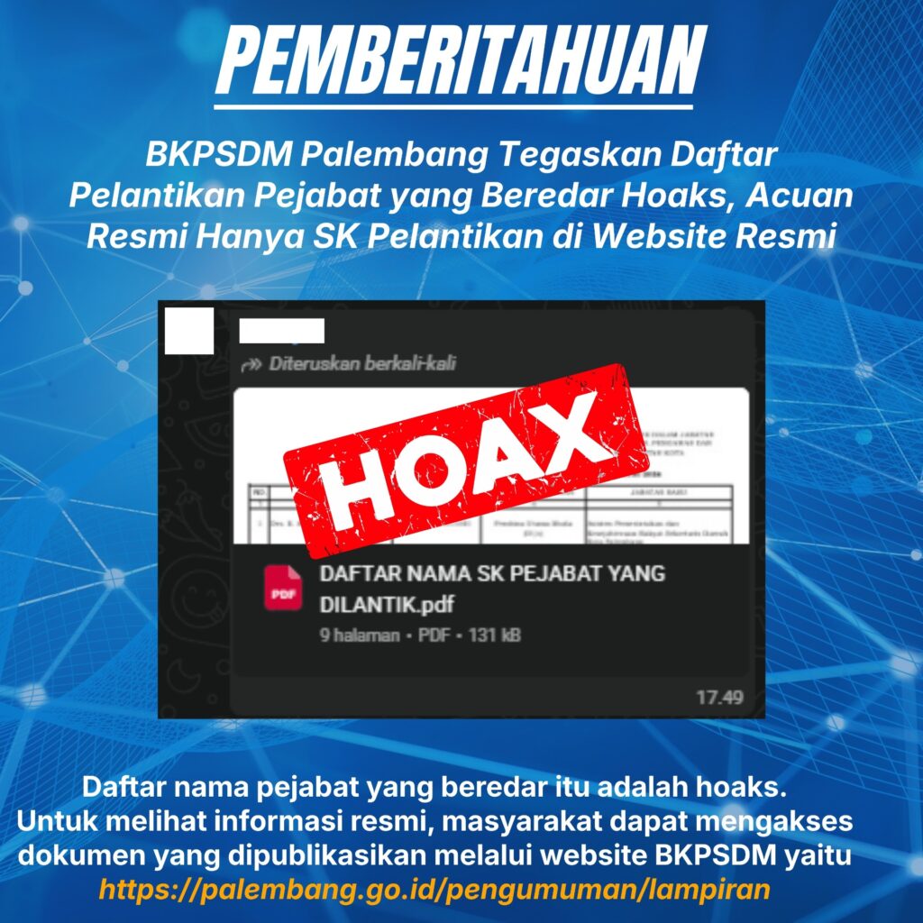 BKPSDM Palembang Tegaskan Daftar Pelantikan Pejabat yang Beredar Hoaks, Acuan Resmi Hanya SK Pelantikan di Website Resmi