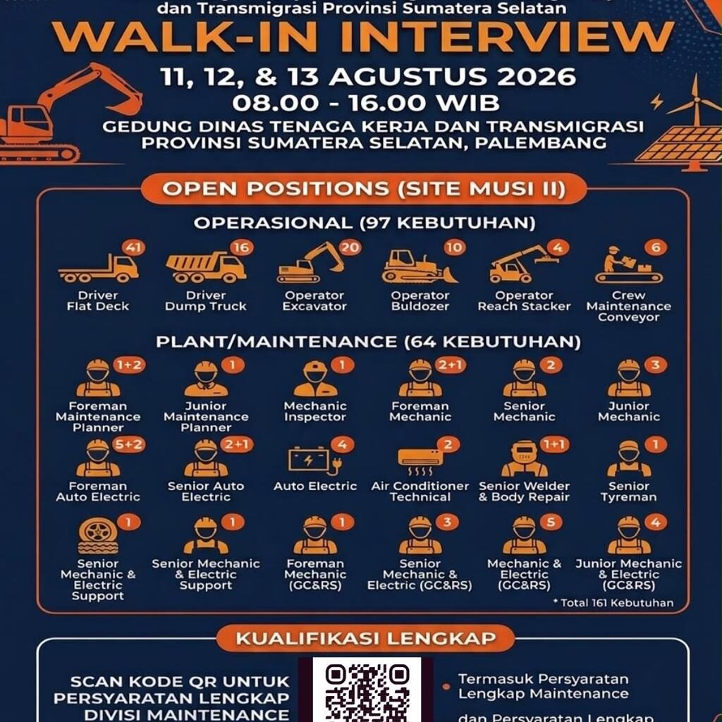 Lowongan Kerja di PT RMK Energi Tbk, Ayo Ikuti Walk-In Interview di Disnakertrans  Sumsel Kerja sama dengan Disnakertrans Muba